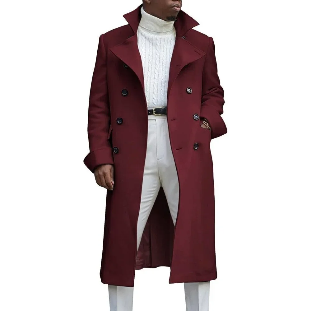 Men's Wine Red Notch Lapel Double Breasted Trench Coat Cotton Blend Pea Coat